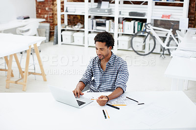 Buy stock photo Architect, laptop or black man with blueprint in office for architecture planning or building design. African designer, male person or civil engineer with computer or floor layout for construction