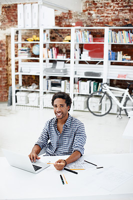 Buy stock photo Blueprint, architect and laptop in office portrait for design revision, drafting or about us pride. Tech, black man or happy with floor plan for building space layout, regulations research or sketch