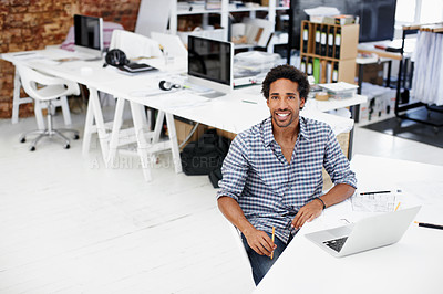 Buy stock photo Documents, architect and laptop in office portrait for design revision, drafting or about us pride. Tech, black man or happy with blueprint for building space layout, regulations research or planning