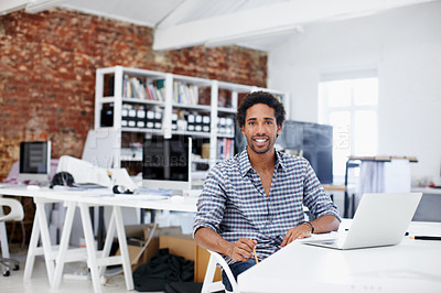 Buy stock photo Laptop, smile and portrait of businessman in office with research for software development. Happy, technology and male web designer with computer for programming online at workplace in Brazil.