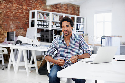Buy stock photo Business, man and happy with laptop in office for app development, site testing and about us. Web designer, black person and portrait at design agency for debugging, programming and software update