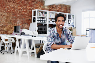 Buy stock photo Laptop, happy and portrait of businessman in office with research for software development. Smile, technology and male web designer with computer for programming online at workplace in Brazil.
