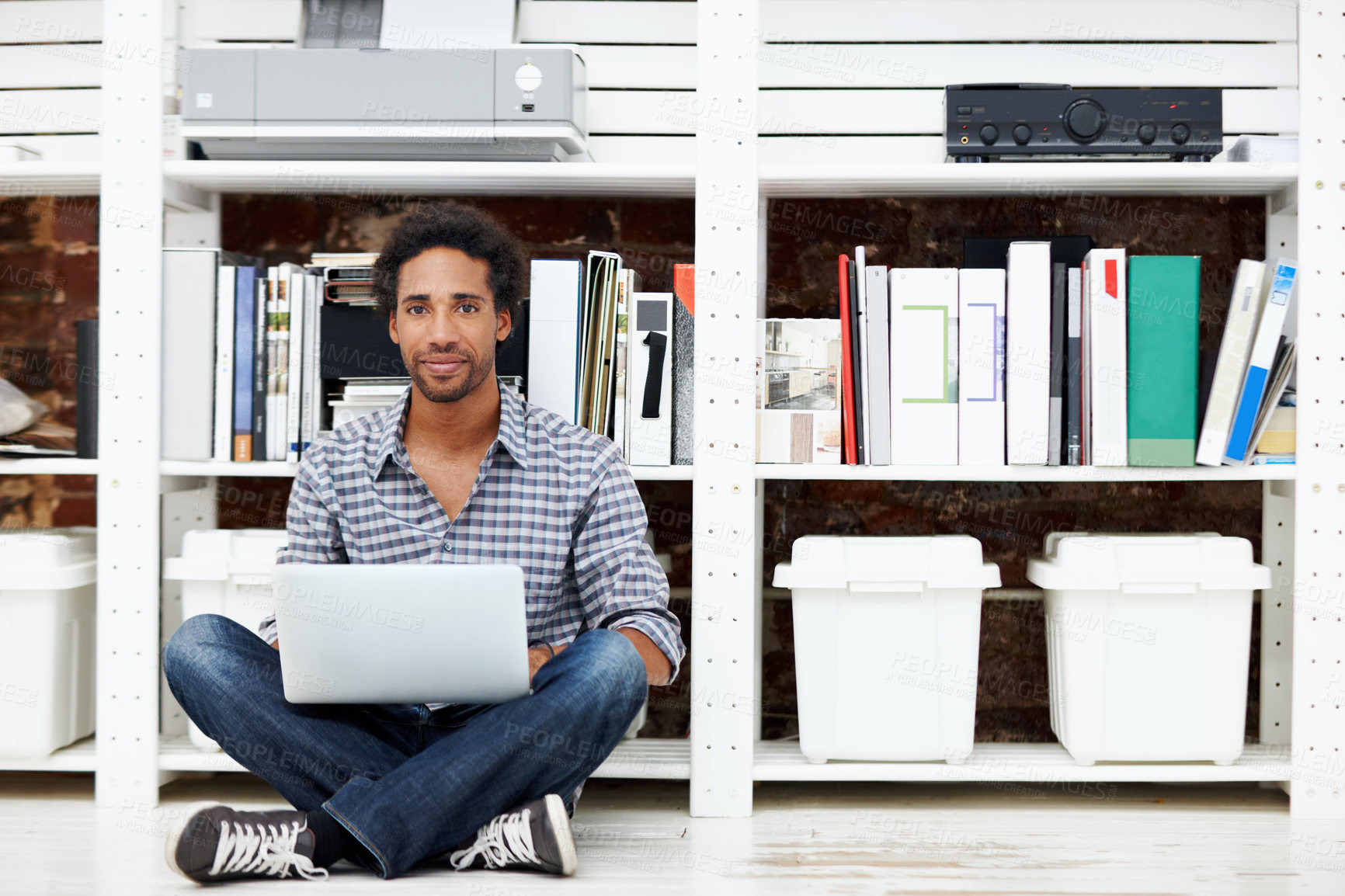 Buy stock photo Laptop, portrait and black man on floor for publishing, online article and story draft in office. Creative, startup and person on computer for research, website blog and copywriting in workplace