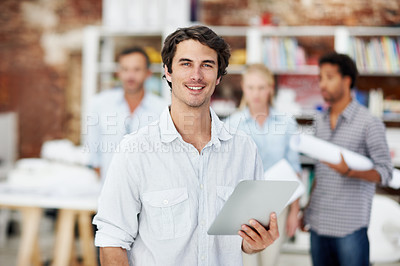 Buy stock photo Portrait, creative and man in office with tablet, smile and career ambition or confidence in agency. Interior designer, happy person or business with tech for project management or development