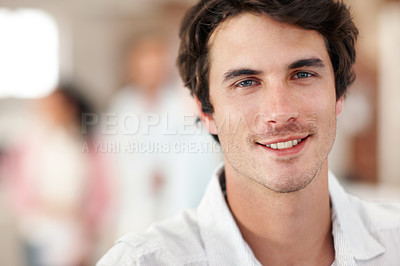 Buy stock photo Happy, professional and portrait of businessman in office with confidence for creative career. Entrepreneur, job opportunity and male designer with pride for about us at startup agency in London.