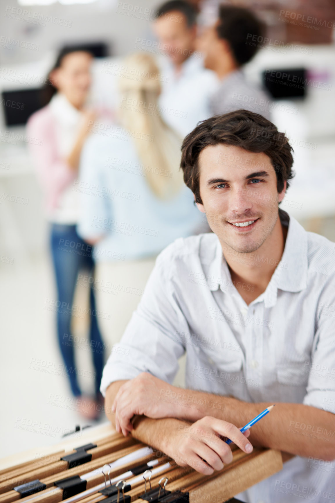 Buy stock photo Portrait, man or designer with smile in office for creative career, job opportunity or pride. Happy, male person or employee with business ambition for art, design or development in workplace