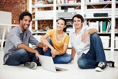 Buy stock photo Portrait, people and laptop in office with project, pride and creative collaboration for digital marketing. Smile, employee group and copywriter with tech for teamwork, online advertising or about us