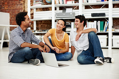 Buy stock photo Smile, people and laptop in office with project, pride and creative collaboration for digital marketing. Portrait, employee group and copywriter with tech for teamwork, online advertising or about us