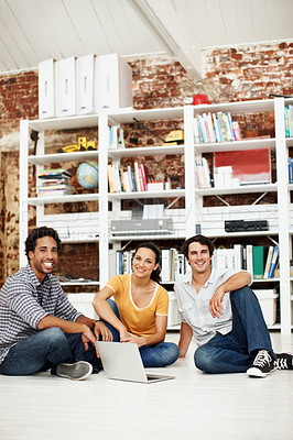 Buy stock photo Portrait, people and laptop in office with creative, pride and project collaboration for digital marketing. Smile, employee group and copywriter with tech for teamwork, online advertising or about us