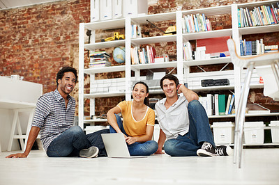 Buy stock photo Portrait, people and relax in office with laptop, creative and project collaboration for digital marketing. Smile, employee group and copywriter with tech for teamwork, online advertising or about us