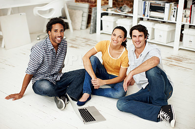 Buy stock photo Portrait, people and relax in office with smile, creative and project collaboration for digital marketing. Laptop, employee group and copywriter with tech for teamwork, online advertising or about us