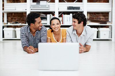 Buy stock photo Laptop, smile and team of business people in office with research for creative project in collaboration. Portrait, technology and magazine editors with computer for article with publishing at agency.