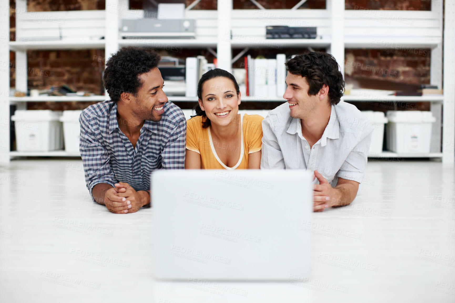 Buy stock photo Laptop, smile and team of business people in office with research for creative project in collaboration. Portrait, technology and magazine editors with computer for article with publishing at agency.