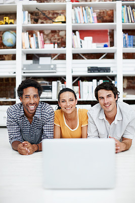 Buy stock photo Laptop, collaboration and portrait of business people in office with teamwork on creative project. Happy, tech and magazine editors with computer for research on article for publishing at agency.