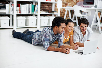 Buy stock photo Laptop, relax and business people in office with research for creative project in collaboration. Happy, technology and team of magazine editors on computer for online article for publishing at agency