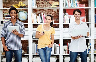 Buy stock photo Portrait, people and smile in office with tech, pride and creative collaboration for digital marketing. Article, employee group and copywriter in workplace with teamwork, advertising or about us