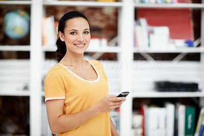 Buy stock photo Portrait, woman and student in library with phone, research and college scholarship for education. Smile, female person and campus with mobile, browsing website and university enrollment for learning