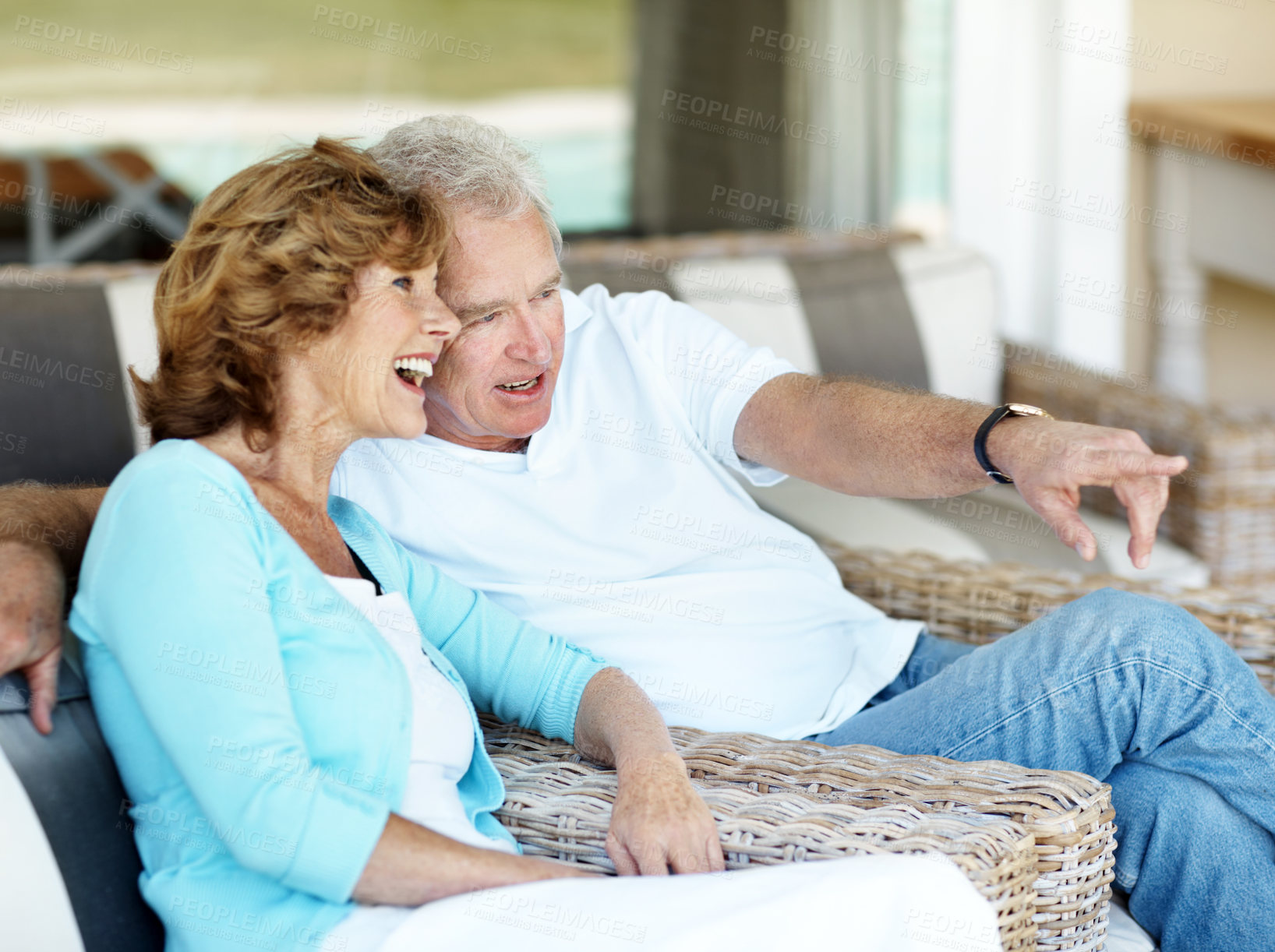Buy stock photo Thinking, relax and old couple with smile on patio, love and calm morning with scenic view. Happy, senior people and pointing in home for sightseeing, partner trust and bonding together on retirement