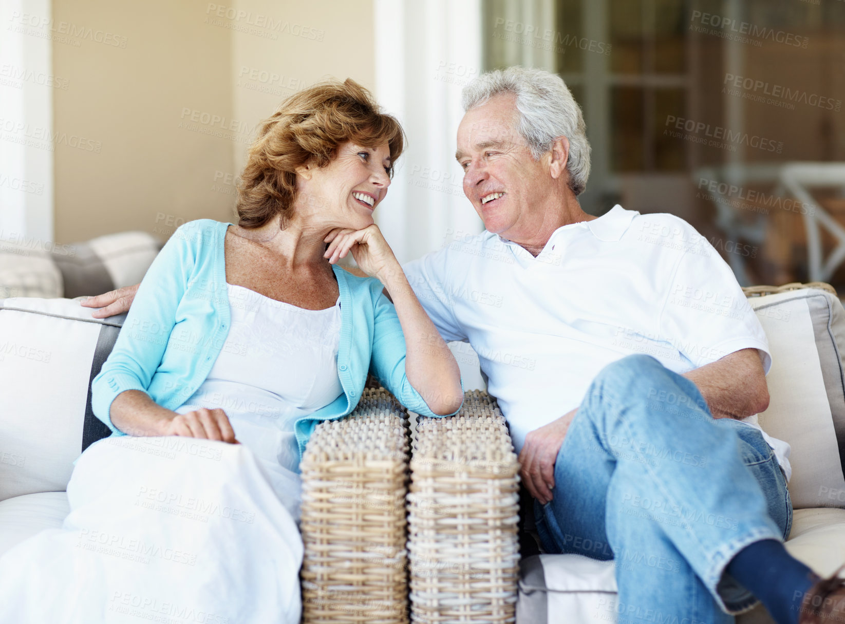 Buy stock photo Happy, love and senior couple in backyard with bonding, connection or relax on holiday. Smile, marriage and elderly man with woman outdoor at home for commitment, care and retirement together.
