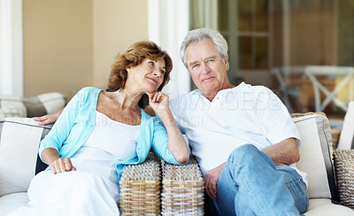 Buy stock photo Smile, portrait and senior couple in backyard with bonding, connection or relax on holiday. Happy, marriage and elderly man with woman outdoor at home for love, care and retirement together on break.