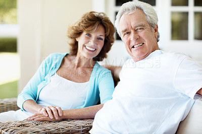 Buy stock photo Relax, happy and portrait of senior couple in backyard at home for bonding, break and holiday. Smile, calm and elderly man with woman for connection, care and love outdoor by house on weekend.