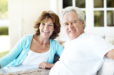 Buy stock photo Relax, smile and portrait of senior couple in backyard at home for bonding, break and holiday. Happy, calm and elderly man with woman for connection, care and love outdoor by house on weekend.