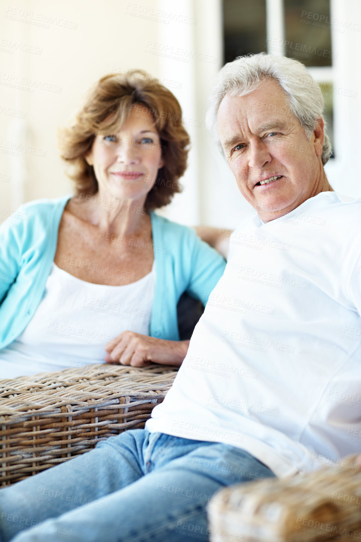 Buy stock photo Calm, happy and portrait of senior couple in backyard at home for bonding, break and holiday. Smile, relax and elderly man with woman for connection, care and love outdoor by house on weekend.
