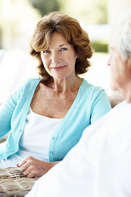 Buy stock photo Couple, patio and portrait of senior woman in morning for marriage, relationship and partnership. Happy, retirement and people with smile for connection, support and love for bonding, trust and care