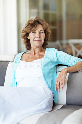 Buy stock photo Retirement, portrait and woman in backyard with smile, positive attitude and cosy optimism at house. Wellbeing, comfort and elderly person with good mood, confidence and satisfaction at home.