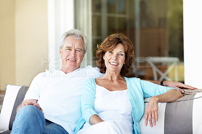 Buy stock photo Love, portrait or old couple in backyard with smile, healthy relationship or bonding on weekend break. Retirement, relax and elderly people with support, romantic connection or happy moment at home.