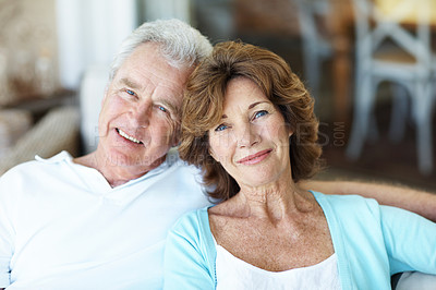 Buy stock photo Love, portrait or old couple in home with smile, healthy relationship or bonding on weekend break. Care, relax and elderly people with support, romantic connection or happy moment in retirement.