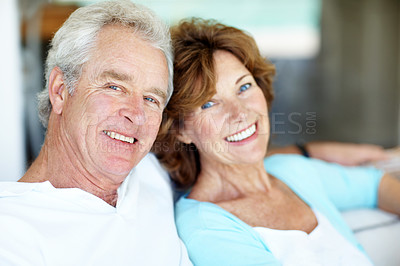 Buy stock photo Love, portrait or old couple in house with smile, healthy relationship or bonding on weekend break. Care, relax or elderly people with support, romantic connection or happy moment in retirement.