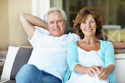 Buy stock photo Smile, portrait and senior couple on patio for marriage, relationship and relax on weekend. Happy, retirement and man with woman for connection, support and love for bonding, trust and loyalty