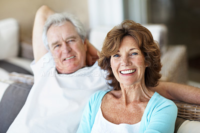 Buy stock photo Happy, patio and portrait of senior couple for marriage, relationship and relax on weekend in home. Smile, retirement and man with woman for connection, support and love for bonding, trust and care