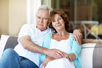 Buy stock photo Hug, portrait and senior couple in backyard for bonding, love and connection in marriage together. Happy, relax and elderly man embracing woman in retirement with trust, safety and care at home.