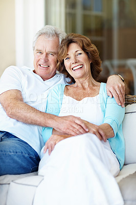 Buy stock photo Hug, happy and portrait of senior couple in backyard for bonding, love and connection in marriage. Smile, relax and elderly man embracing woman in retirement with trust, safety and care at home.