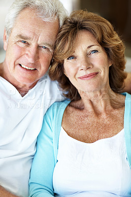 Buy stock photo Senior, couple and smile in portrait in home, happiness and relax with husband and wife hug cuddle. Love, marriage and old people with trust, bonding and loyalty with retirement and relationship
