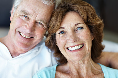 Buy stock photo Love, happy or old couple in home with portrait, partner care or bonding in healthy relationship. Smile, loyalty or elderly people in house with support, connection or romantic moment in retirement.