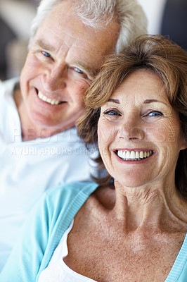 Buy stock photo Love, happy or old couple in house with portrait, partner loyalty or bonding in healthy relationship. Smile, trust or elderly people in home with support, connection or romantic moment in retirement.