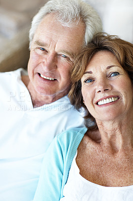 Buy stock photo Love, bonding or old couple in home with portrait, partner loyalty or security in healthy relationship. Smile, trust or elderly people with support, happy connection or romantic moment in retirement.