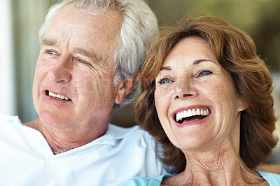 Buy stock photo Morning, laugh and senior couple on patio for conversation, bonding and relax on weekend in home. Retirement, happy and man with woman in backyard for talking, marriage and funny joke for connection