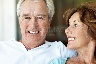 Buy stock photo Old man, happy and couple hug in house for love, care and relax for retirement in home. Senior woman, elderly person and portrait with trust for embrace, support and commitment or loyalty in marriage