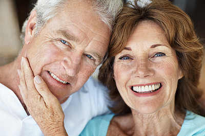 Buy stock photo Happy, portrait and senior couple in home for love, care and relax with smile for retirement. Old man, elderly woman and together in house with trust, support and commitment or loyalty in marriage
