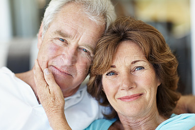 Buy stock photo Smile, portrait and senior couple in home for love, care and relax with bonding for retirement. Old man, elderly woman and together in house with trust, support and commitment or loyalty in marriage