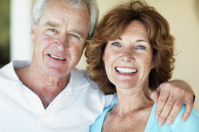 Buy stock photo Smile, portrait and old couple in home for love, care and relax with bonding for retirement. Senior man, elderly woman and together in house with trust, support and commitment or loyalty in marriage