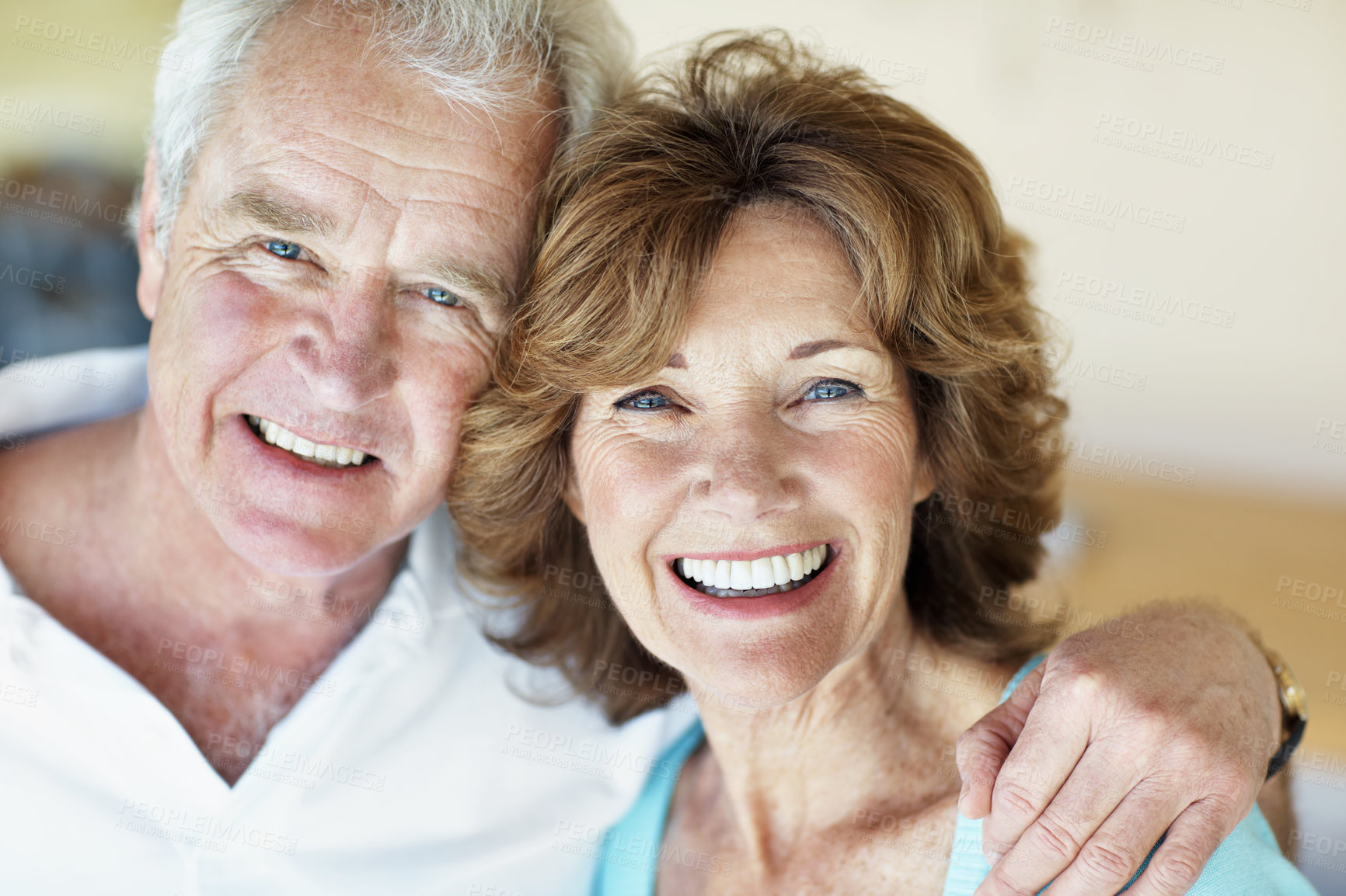 Buy stock photo Smile, portrait and elderly couple in home for love, care and relax with bonding for retirement. Senior man, old woman and together in house with trust, support and commitment or loyalty in marriage