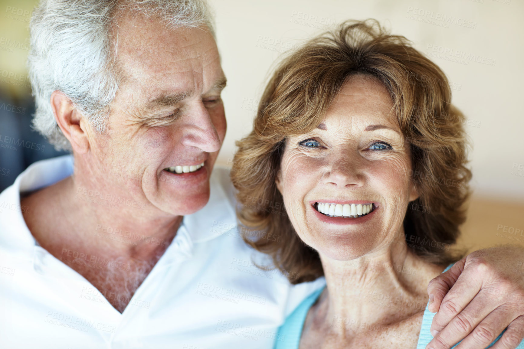 Buy stock photo Smile, hug and senior woman in home for love, care and relax with bonding for retirement. Elderly man, old couple and portrait in house with trust, support and commitment or loyalty in marriage