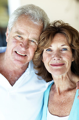 Buy stock photo Portrait, hug and senior couple in home for love, care and relax with bonding for retirement. Elderly man, old woman and smile in house with trust, support and commitment or loyalty in marriage