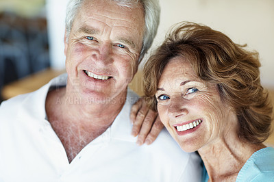 Buy stock photo Portrait, support and old couple in home for love, care and relax with bonding for retirement. Elderly man, senior woman and smile in house with trust, partner and commitment or loyalty in marriage