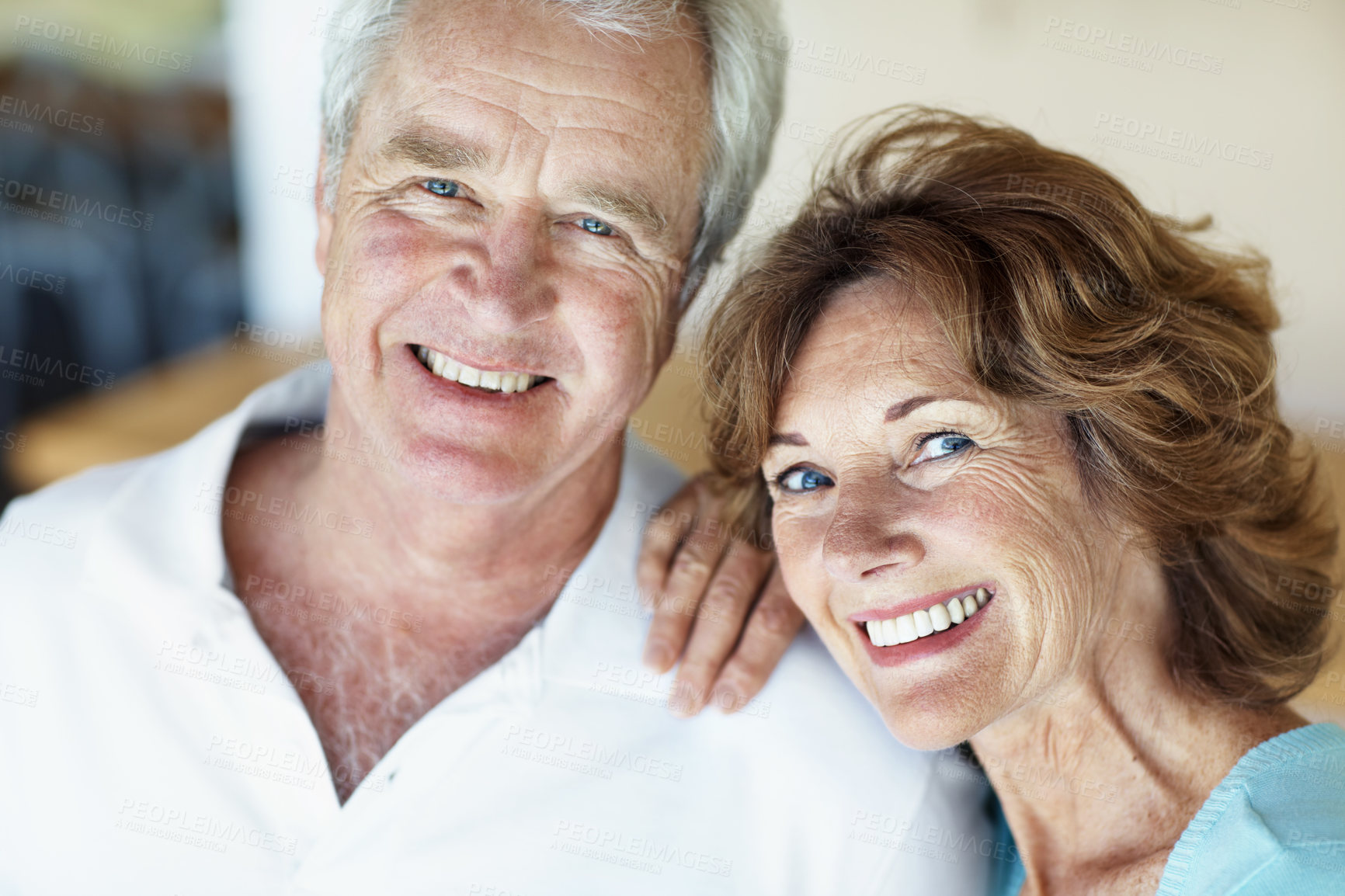 Buy stock photo Portrait, support and old couple in home for love, care and relax with bonding for retirement. Elderly man, senior woman and smile in house with trust, partner and commitment or loyalty in marriage